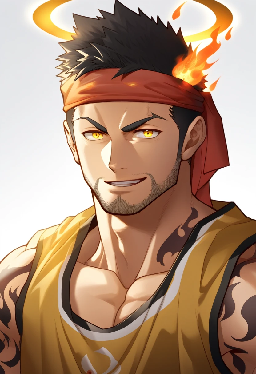 anime characters:Gyee, priapus, 1 young muscular man, male focus, Flame tattoo, sports Red headband, Dark Yellow spandex tight tank top, muscular male, muscular, only, Upper body, alone, Black short hair, Thick eyebrows, stubble, Yellow eyes, White background, simple background, amazing quality, best aesthetics, Ridiculous, bright pupils, crew cut, naughty face, torogao, parted lips, halo, god rays, best quality
