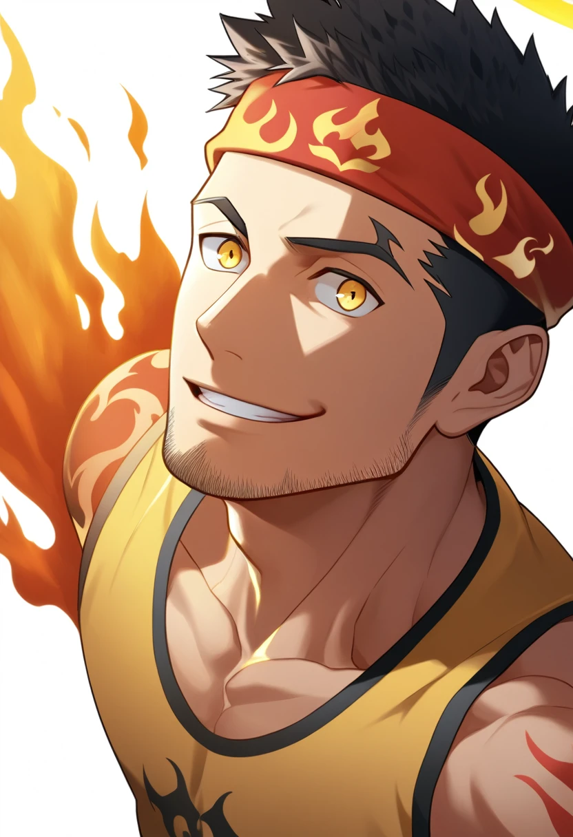 anime characters:Gyee, priapus, ung muscular man, male focus, Flame tattoo, sports Red headband, Dark Yellow spandex tight tank top, muscular male, muscular, only, Upper body, alone, Black short hair, Thick eyebrows, stubble, Yellow eyes, White background, simple background, amazing quality, best aesthetics, Ridiculous, bright pupils, crew cut, naughty face, torogao, parted lips, halo, god rays, best quality