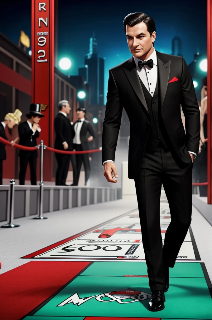 Create the monopoly character on a red carpet with a black suit and money flying