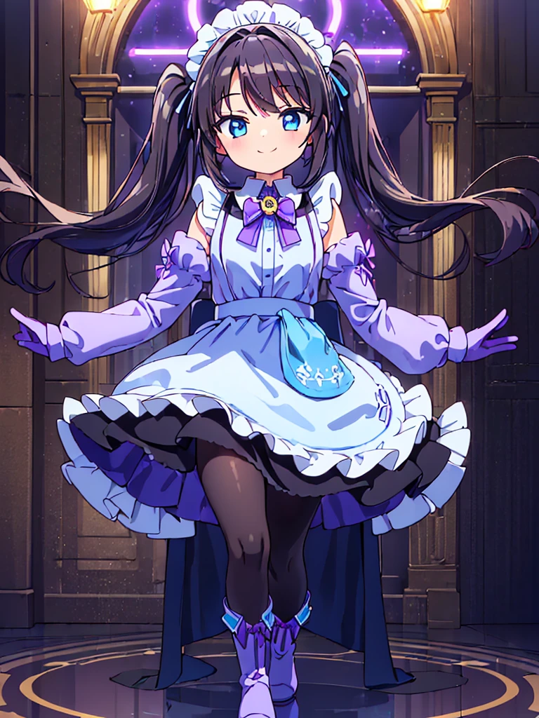 ((masterpiece, highest quality, ultra_high_detaile)), ((beautiful)), (beautiful detailed girl:1.4), ((4k cg)), (illustration), ((solo)), ((1girl)), (full body), ((slim body)), ((small_breasts)), ((aristocratic style)), (black hair), (swept bangs:1.4), (two side up), (long twintails), ((blue eye)), ((blue brooch)), BREAK ((Headdress)), (maid:1.4), (long sleeve maid clothes:1.4), ((apron_dress)), (Knee-length skirt:1.4), (light purple cape:1.4), (long cape:1.4), ((elbow_gloves)), ((brown pantyhose)), BREAK ((light blue boots)), (dance_hall), (dancing), (smile),