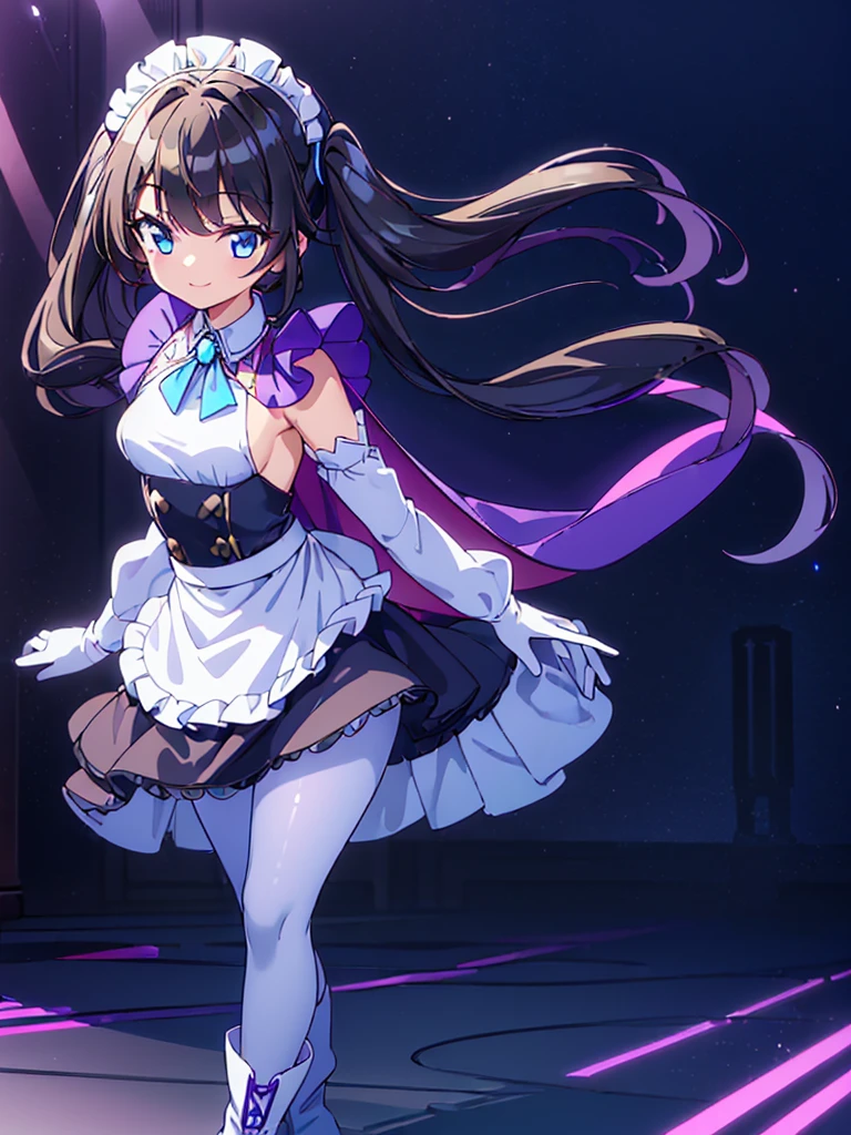 ((masterpiece, highest quality, ultra_high_detaile)), ((beautiful)), (beautiful detailed girl:1.4), ((4k cg)), (illustration), ((solo)), ((1girl)), (full body), ((slim body)), ((small_breasts)), ((aristocratic style)), (black hair), (swept bangs:1.4), (two side up), (long twintails), ((blue eye)), ((blue brooch)), BREAK ((Headdress)), (maid:1.4), (long sleeve maid clothes:1.4), ((apron_dress)), (Knee-length skirt:1.4), (light purple cape:1.4), (long cape:1.4), ((elbow_gloves)), ((brown pantyhose)), BREAK ((light blue boots)), (dance_hall), (dancing), (smile),