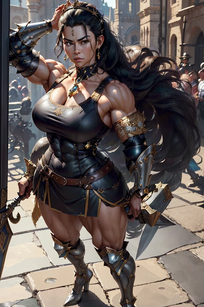 (Best lighting) , (Very intricate details) , 4K Integration, (Super fine CG: 1.2) , (8K: 1.2),(original), (masterpiece) , (Highest quality),(masterpiece:1.4),((Full images))、Photo quality,(masterpiece),masterpiece, Highest quality, Absurd,((Masterpiece, 4K, 8K, High resolution)),(masterpiece), (Highest quality), (Super detailed), (Very delicate and beautiful), ((Cowboy Shot)), 1 female, The face of a 40-year-old Western woman、A beautiful, well-balanced face、
((A woman with a muscular body like a male bodybuilder)),((Huge body with incredible muscles))、((Height 200cm))、((Beautiful woman)),((Woman warrior)),(((Full body image))),45 year old mature woman、,Brave and resolute attitude, Wearing Valkyrie Metal Armor、 (Sleeveless Armor)、((Metal armor that resembles a thick chest and abdominal muscles))、(Heavy metal armor)、Valkyrie's Helmet、Very strong legs、((Long boots with pin heels))、((black leather kneehigh 、Medieval streetscape,Brave pose,Strength and elegance,Solemn atmosphere,Powerful aura,((The Queen's Appearance))、Determined jawline,((The Strongest Queen of Mankind))、(Huge muscular physique),((Protruding veins))、((A woman with a toned chest like a male bodybuilder))、Raised trapezius muscle、very thick neck、((Strong arms with bulging biceps))、A muscular chest、Six-pack、((Thick thighs with bulging muscles))、((Bicep-like calf muscles))、Overflowing with incredible strength、Muscles bulging out from under the force of force all over the body、Black Hair、ponytail、A commanding presence,Poses that show off their monstrous power,Vibrant colors,Down to the smallest thread,Impressive level textures,Sharp focus,Rich and realistic backgrounds,Magnificence and grandeur,((The Mighty Queen)),((Queen of Superpowers)),((A powerful queen of dignity and grandeur)), Inspiring and majestic,Guardian of the kingdom,Unstoppable courage,Divine Destiny,Indomitable spirit,Unforgettable beauty,Unwavering Strength