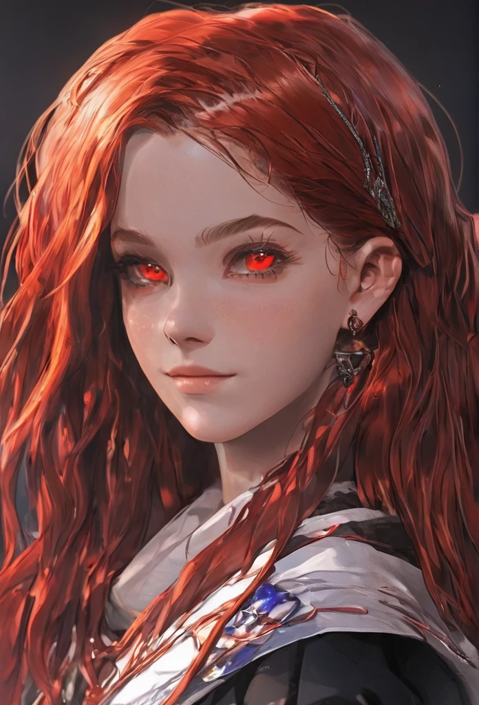 17 years old, female, human, adventurer, red hair , red eyes, long hair