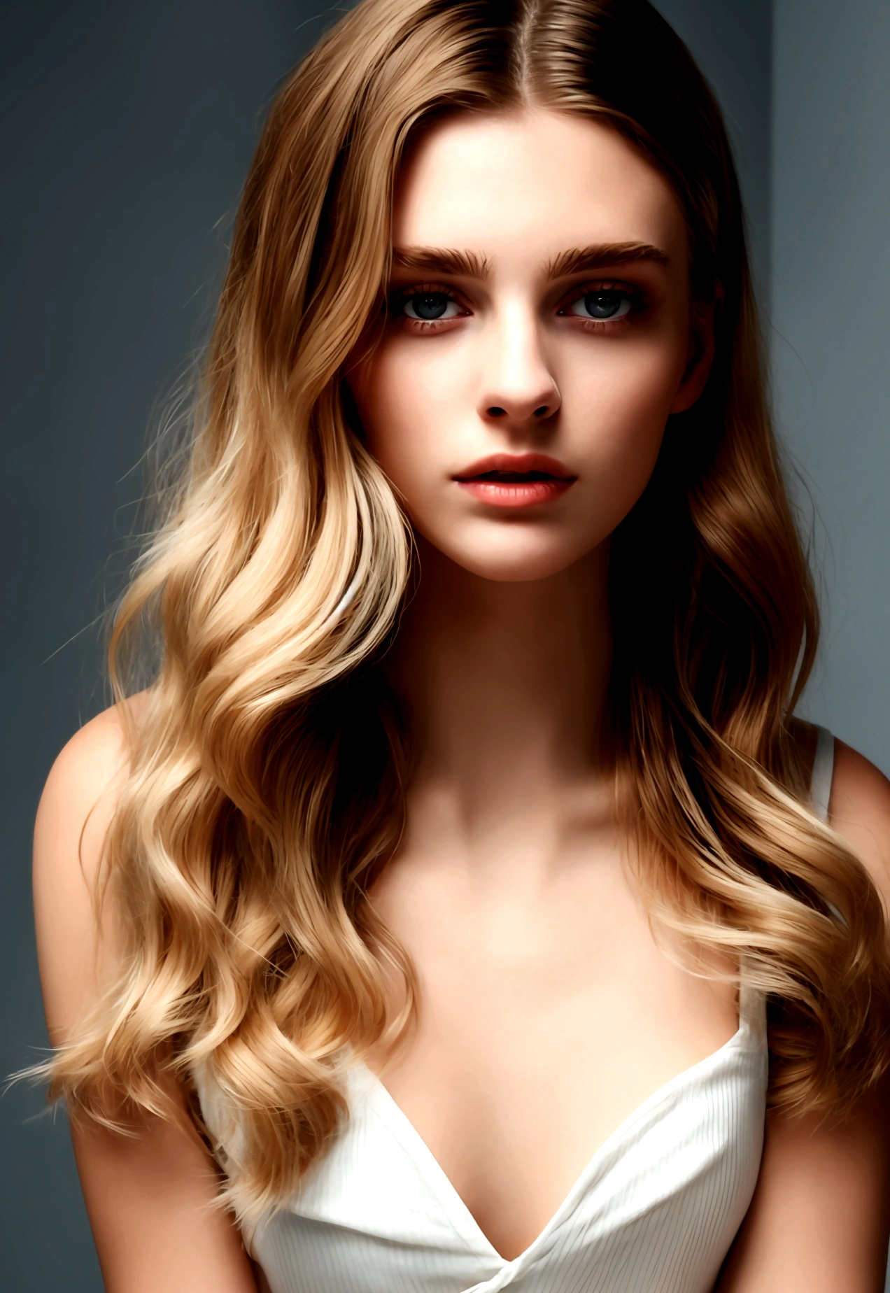 19 year old girl, half blonde and half brown hair, slickedback hair, very clear skin, rounded face, smooth and beautiful skin, realisitic, best image, high qualiy,