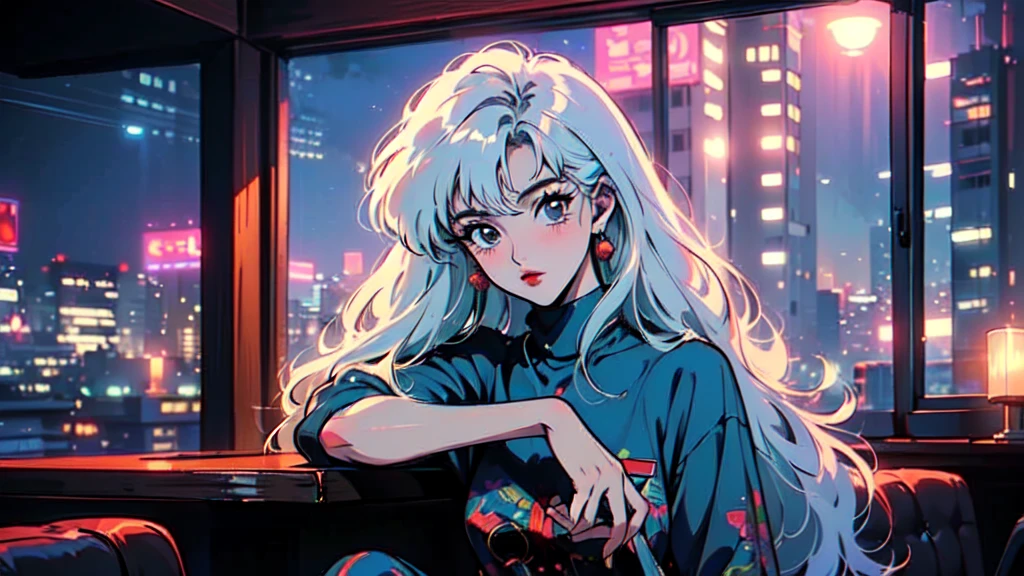 (80's, Retro, City Pop:1.5), (Album cover), (masterpiece, Highest quality, Exquisite detail), (anime, figure), (pastel colour:1.3), Best Photo Poses, Dynamic Angle,girl, alone, cool, Delicate face, The stylish, dimly lit interior of the bar,City of night, Holding a cigarette,Gazing into the distance