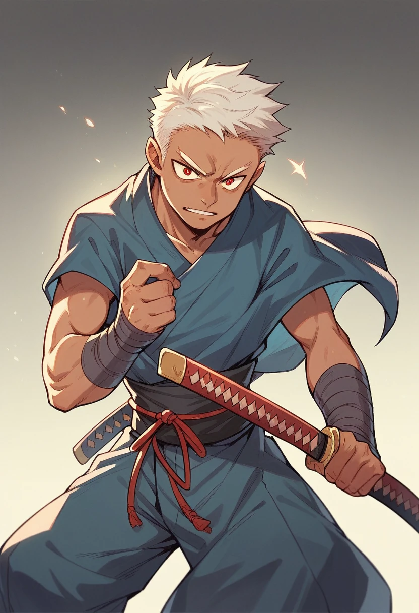 young man ,Male Dark, dark Woods,Red & Black colors, odd eye, samurai dnd, hold katana in right hand