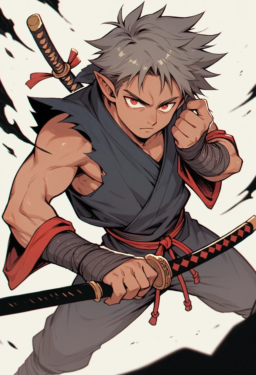 young man ,Male Dark, dark Woods,Red & Black colors, odd eye, samurai dnd, hold katana in right hand