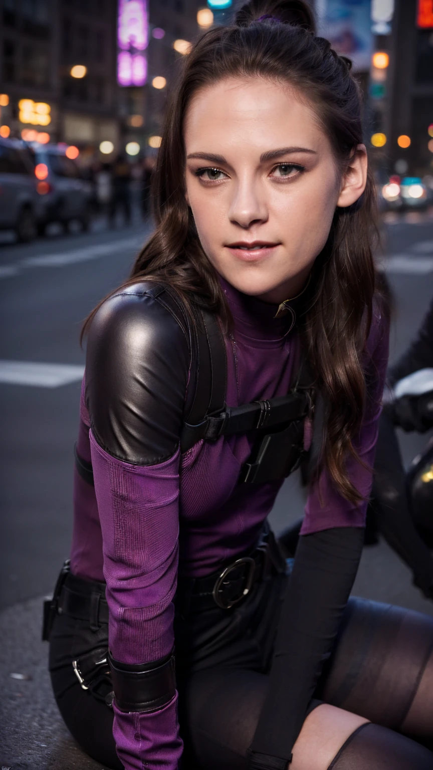 (masterpiece), (photorealistic1.4), (epiCRealLife), (lora:KateBishopFNLoRA:1.0 ribbed bodysuit costume), (KateBishopFNLoRA black leather pants), (KateBishopFNLoRA utilities belt), (leg holster) (KateBishopFNLoRA black gloves), (Kate Bishop Purple Costume),, (epiCFlashPhoto), (harness), (ponytail), (young woman), ,(flashphoto), (flash photography), (make up) ,(kst3w-v2 laugh ), (Kristen Stewart), (Kristen Stewart laugh), (outdoor), (New York City Street), (neon lights), (sitting on curb, against wall), (overhead shots), pose for pictures,  (zoom out)