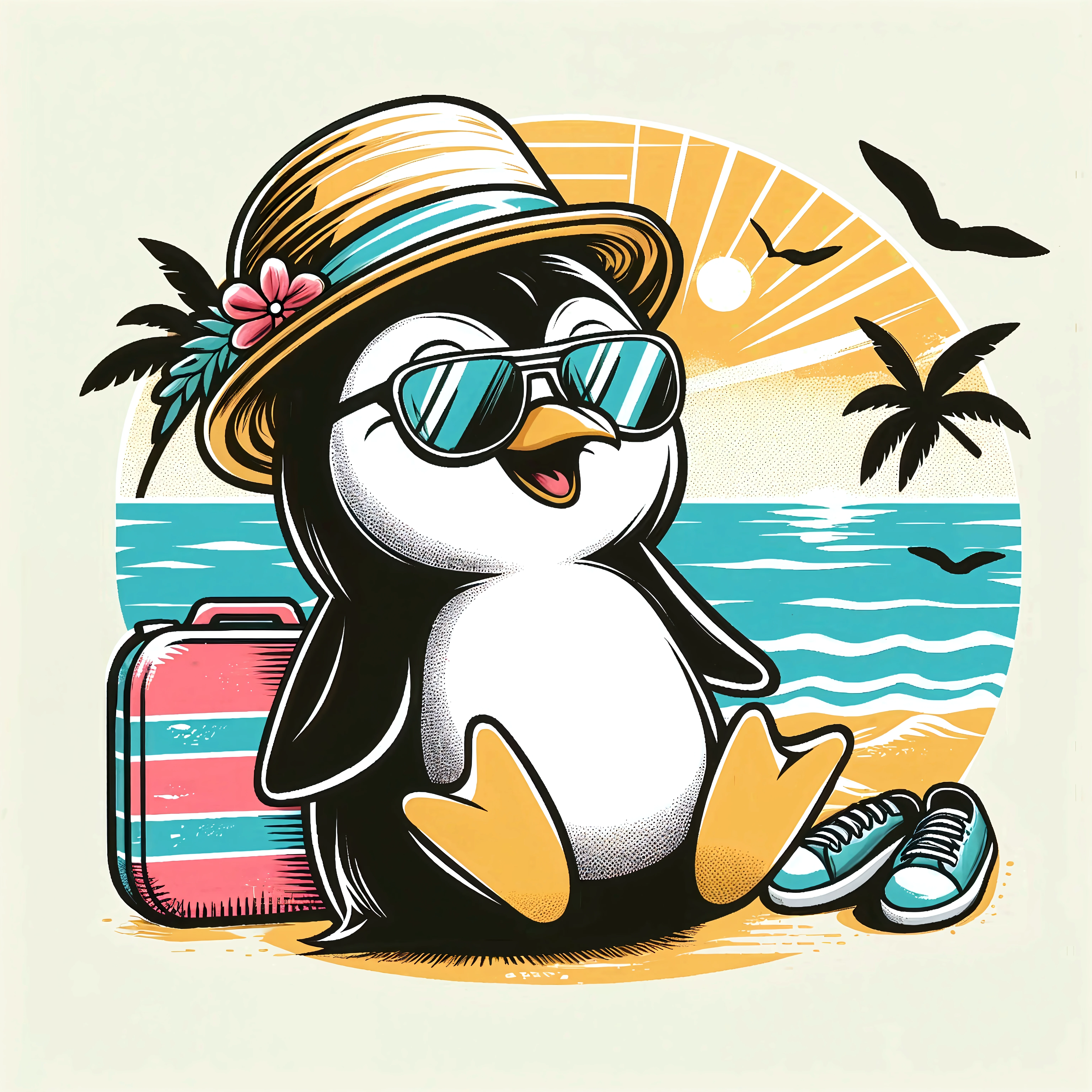 Make a T-shirt print, penguin wearing sunglasses on the beach excited with beer with phrases in the background, with black background