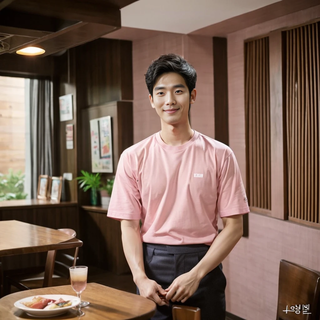 Korean man, Inspiration from Peng Yuyan, 30 years old, 236 years old, Cute Korean Face, 35 yo, 33 year old Korean muscular man，The dining room is in the back. pink t-shirt,