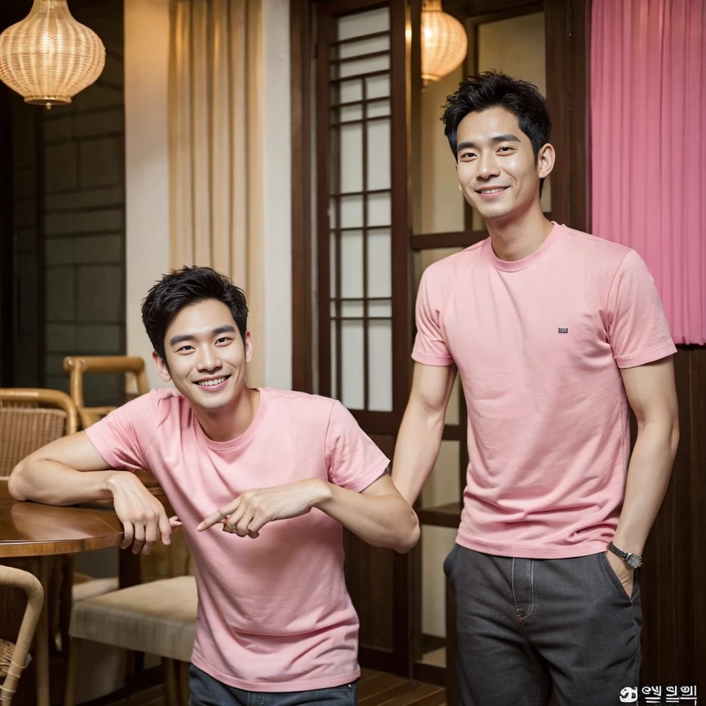 Korean man, Inspiration from Peng Yuyan, 30 years old, 236 years old, Cute Korean Face, 35 yo, 33 year old Korean muscular man,The dining room is in the back. pink t-shirt,