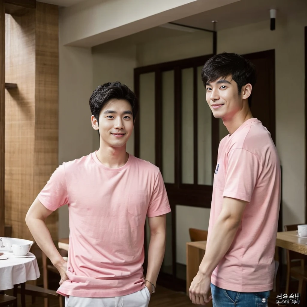 Korean man, Inspiration from Peng Yuyan, 30 years old, 236 years old, Cute Korean Face, 35 yo, 33 year old Korean muscular man,The dining room is in the back. pink t-shirt,