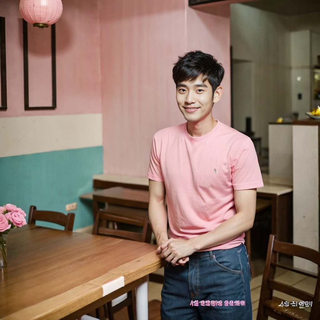Korean man, Inspiration from Peng Yuyan, 30 years old, 236 years old, Cute Korean Face, 35 yo, 33 year old Korean muscular man,The dining room is in the back. pink t-shirt,