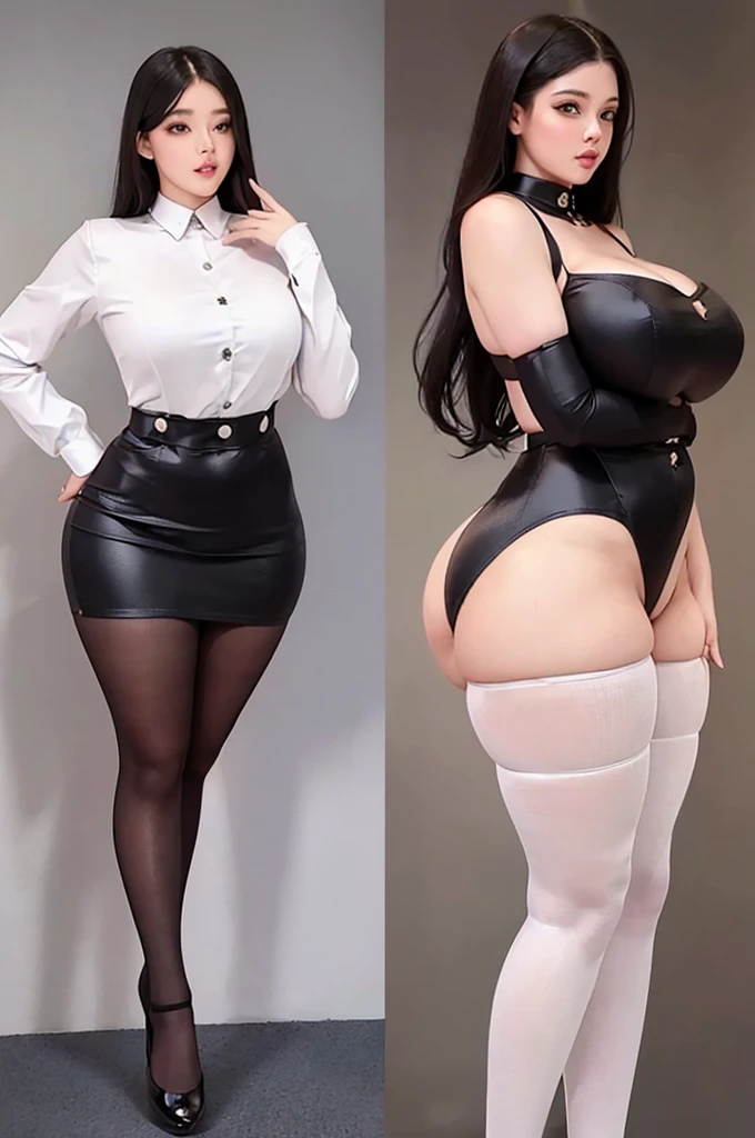 A curvaceous, cute and skinny super large biggest thick ass realist secretary with legs apart, dressed in a sexy tight-fitting suspender belt that hugs her voluptuous large and thick hips and round huge thick ass . perky breasts, . pantyhose, big and thick and ass, large and thick hips. 
