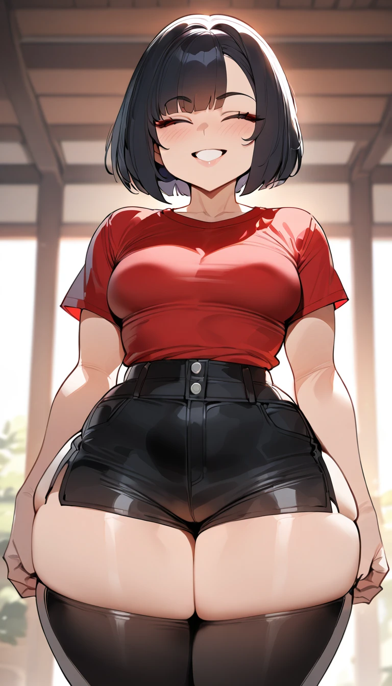 (best quality,masterpiece) thicc, 1 woman, small breasts, wide hips, thick thighs, happy, bob haircut, eyes closed, black hair, asian, small waist, short, shortstack, shorts, overzised red shirt