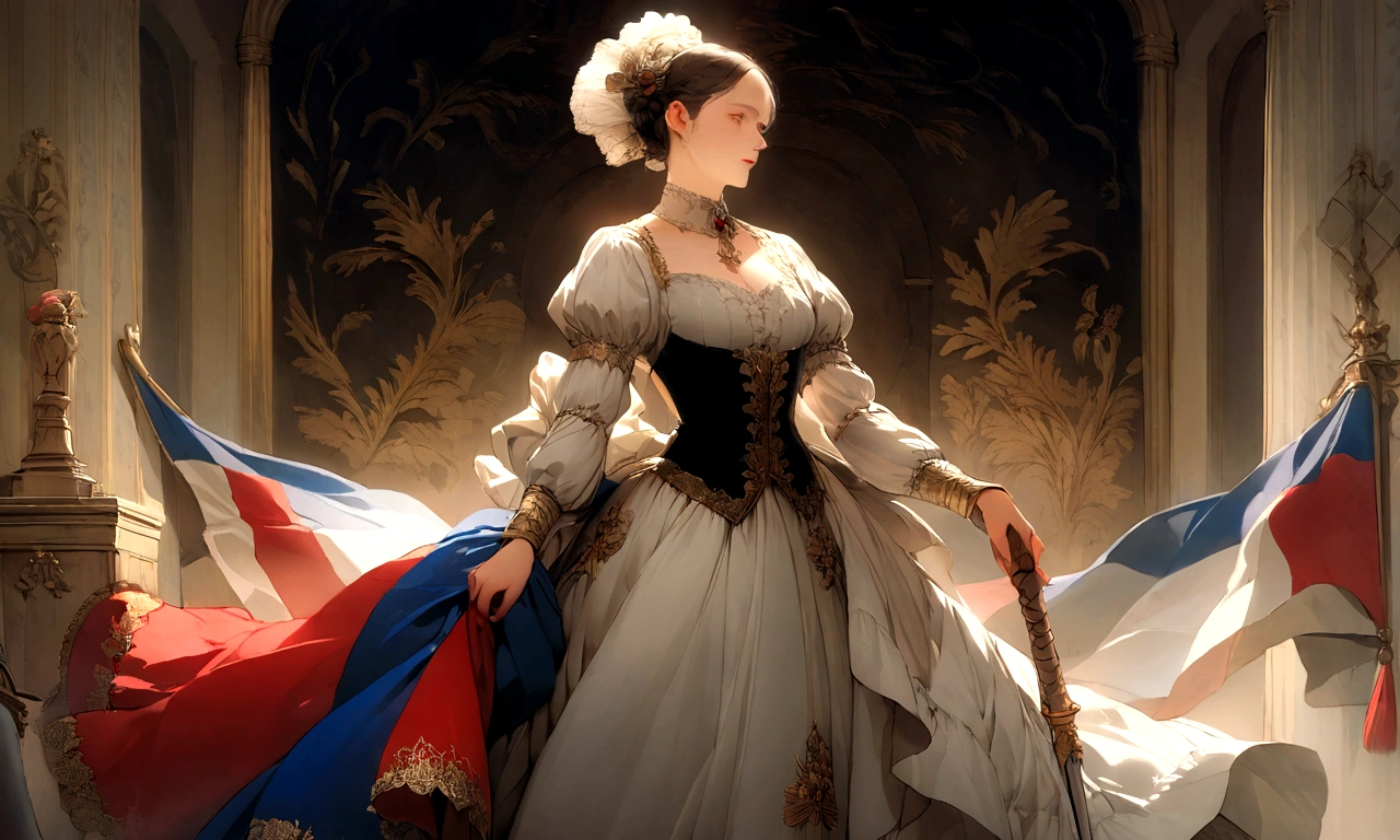 This photo is from the French Grand Period，A person holding a large French flag，The background is black