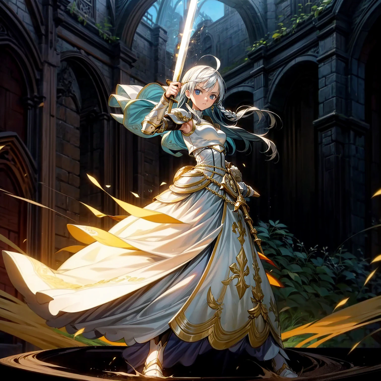 1girl, Full body version, 1character, girl version, blue eyes color, long haircut, (white colour hair), formal style clothing, medieval gold armour, one gold sword in hand, Grassroots, background in green field, motion blur, battle gesture, lighting sword, smoke, fire lighting, fire, masterpiece, (one piece style)