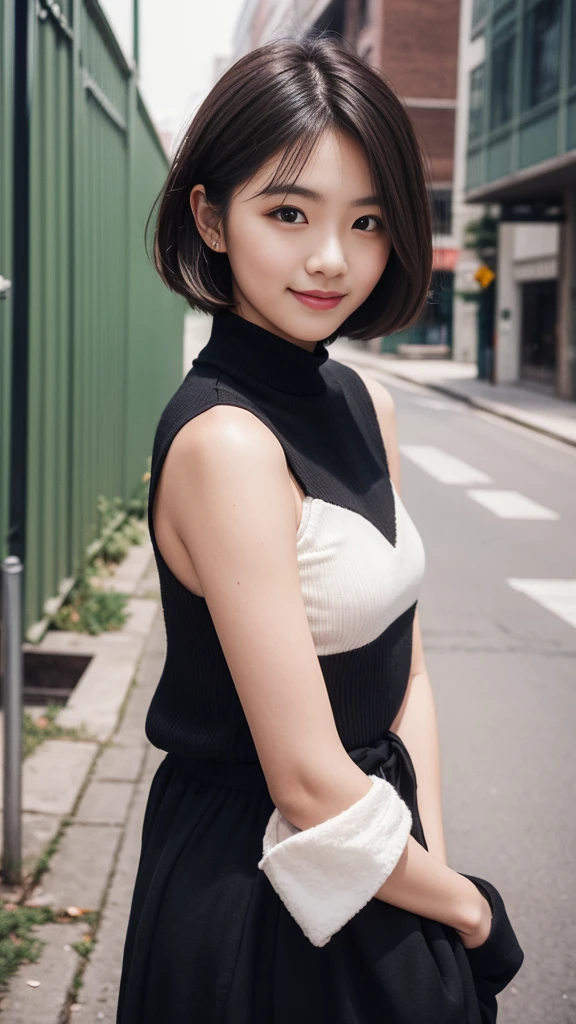 warm tones, urban backdrop, industrial buildings, photography, simplicity, high resolution, natural makeup, young adult, Fujifilm XT3, Canon R5, Fujicolor Fujichrome Velvia 100,smile,Short Hair、Upper body photo、