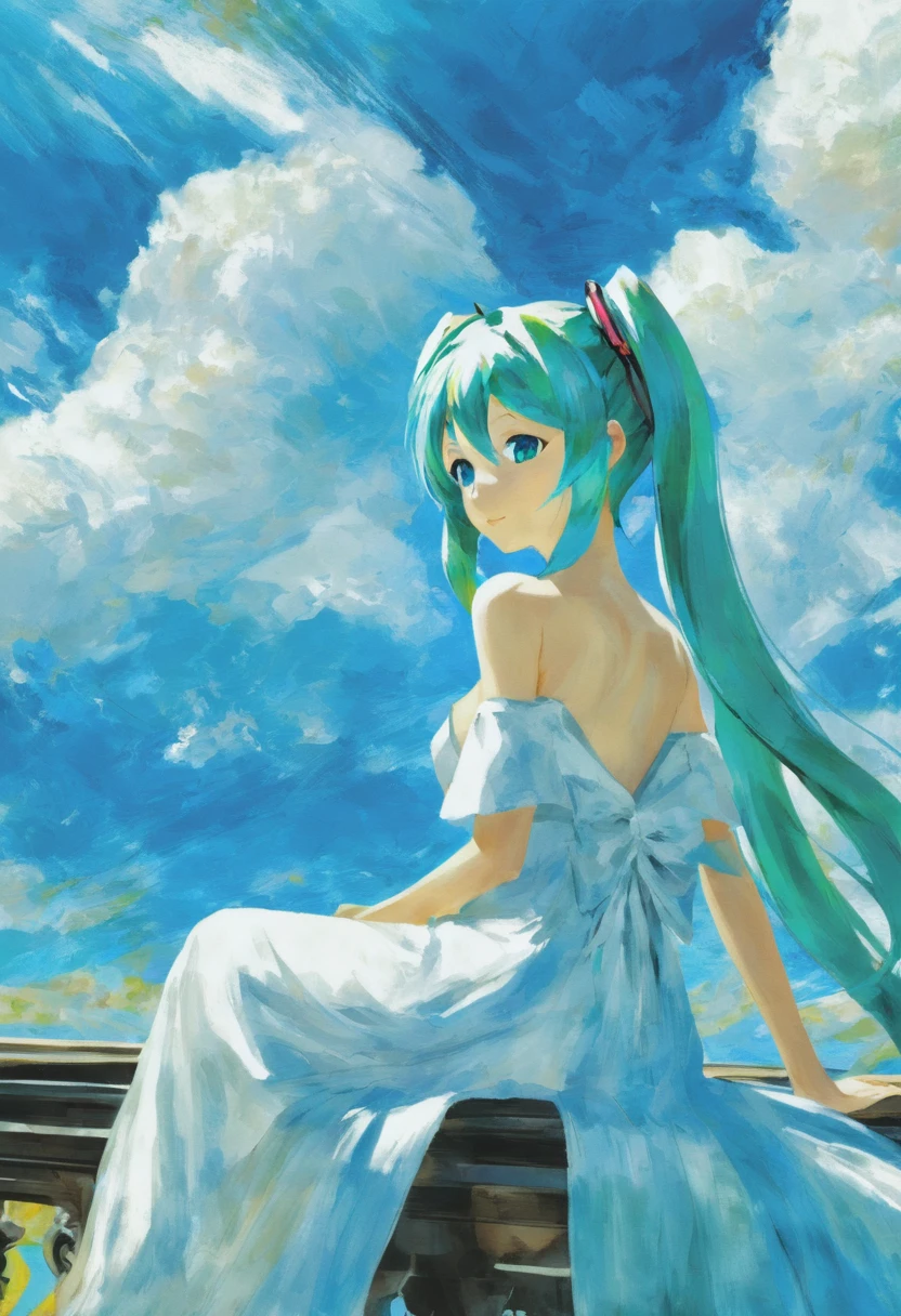 Hatsune Miku is sitting under the blue sky。
She is wearing a white off-the-shoulder dress。