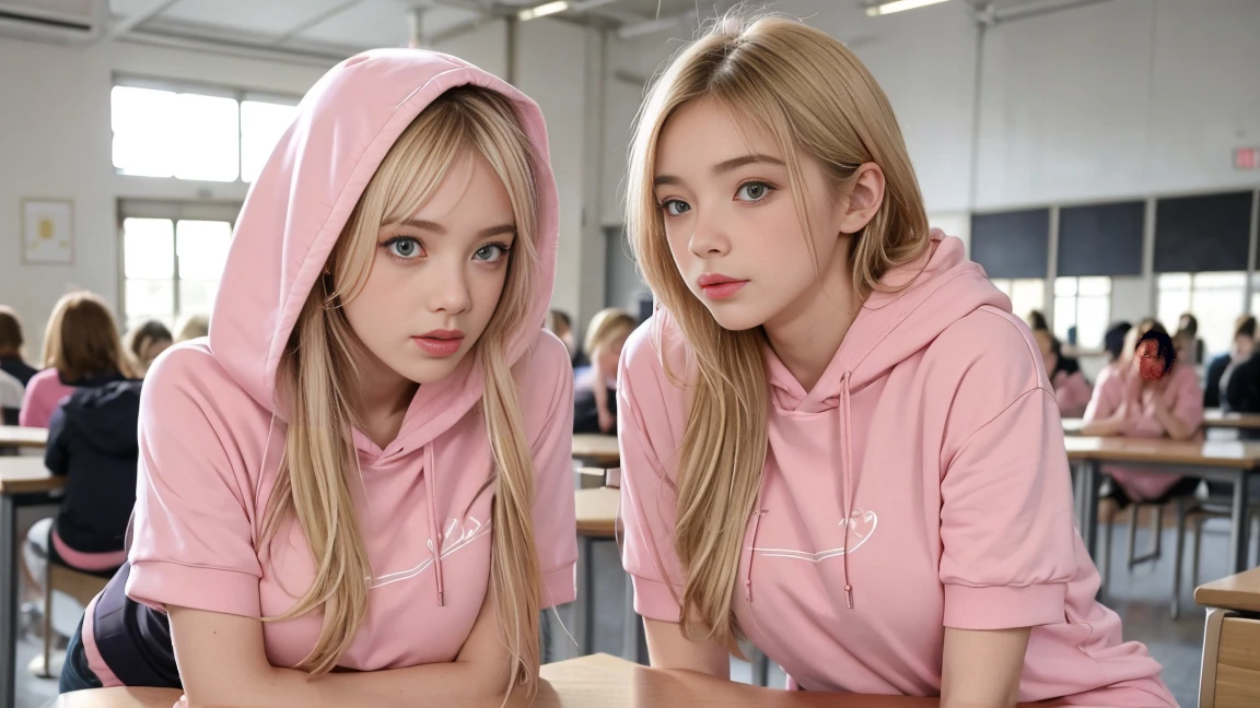 deux femmes blonde ensemble de 18 ans sexy et mince , pink short sleeve hoodie , salle de classe, se touche,position sey,sensuel