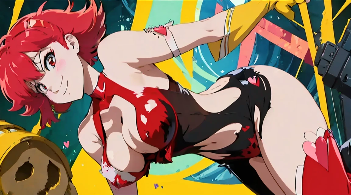 ((Masterpiece, top quality, high resolution)), ((highly detailed CG unified 8K wallpaper)), (huge stunning goddess shot, very hot and sexy, jaw-dropping beauty, perfect proportions, beautiful body, slim body beauty:1.1), 1 woman, anime girl, cutie honey, ((Red hair, short hair repelled to the outside, big eyes, Detailed face and eyes, staring at camera:1.3)), ((Blue and red tight suits, Detailed latex suit, glossy, blue tops, Red from belly to legs, Detailed, midrift top, cleavage cutout, cleavage, skin tight, halter neck, sleeveless, bare shoulders, bare back, covered navel, choker with heart symbol, yellow gloves, elbow gloves, yellow boots, long boots, armlet:1.5)), the cloth is exploding, hands on hips, feet spread apart, smile, Dynamic poses, exploding backgrounds,