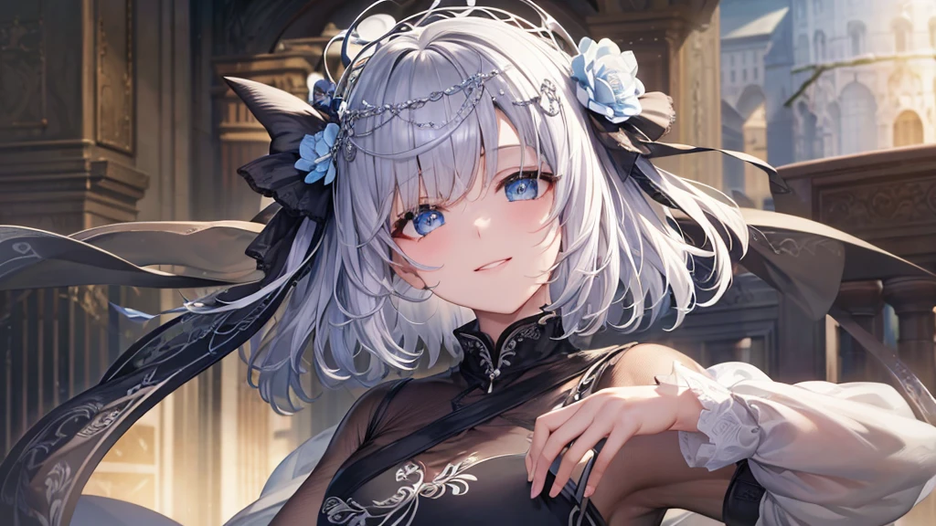 Ultra HD,Look at the viewers, Put your hands behind your back, With a girl, 20-year-old, 非常にShort Hair, Long bangs between the eyes, Pale blue eyes,  Very detailed,(masterpiece、Highest quality),Gray Hair、Laughter、Fantastic, Silver Hair, Iris,  Short hair、 Fluttering Hair、Small Face、明るいsmile、(Detailed face) ,Professional Lighting,Wonderful landscape,blue sky, sunlight,Looking down from above,Portraiture、Open your mouth、Flower Field、Her eyes were shining、Mysterious and enchanting atmosphere。With AI Painting、とてもShort Hair, Long bangs between the eyes, Very detailed,(masterpiece、Highest quality)、alone、Gray Hair、Fantasy, Silver Hair, Fantasyな風景、White shirt、smile、Open your mouth、short hair、Short Hair、hairpin、black eye、Grey Eyes、Beautiful Eyes、