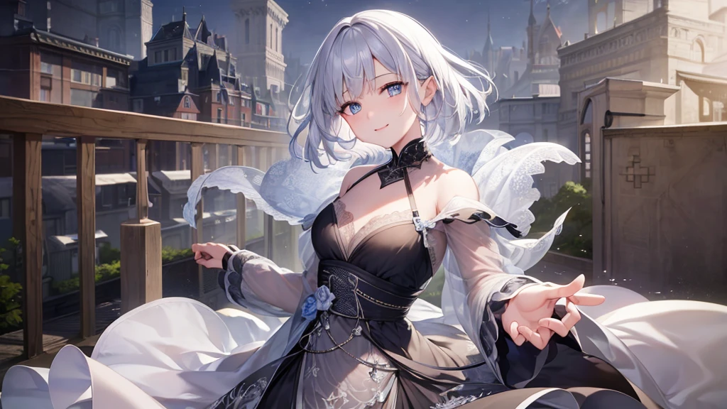 Ultra HD,Look at the viewers, Put your hands behind your back, With a girl, 20-year-old, 非常にShort Hair, Long bangs between the eyes, Pale blue eyes, Very detailed,(masterpiece、Highest quality),Gray Hair、Laughter、Fantastic, Silver Hair, Iris, Short hair、 Fluttering Hair、Small Face、明るいsmile、(Detailed face) ,Professional Lighting,Wonderful landscape,blue sky, sunlight,Looking down from above,Portraiture、Open your mouth、Flower Field、Her eyes were shining、Mysterious and enchanting atmosphere。With AI Painting、とてもShort Hair, Long bangs between the eyes, Very detailed,(masterpiece、Highest quality)、alone、Gray Hair、Fantasy, Silver Hair, Fantasyな風景、White shirt、smile、Open your mouth、short hair、Short Hair、hairpin、black eye、Grey Eyes、Beautiful Eyes、