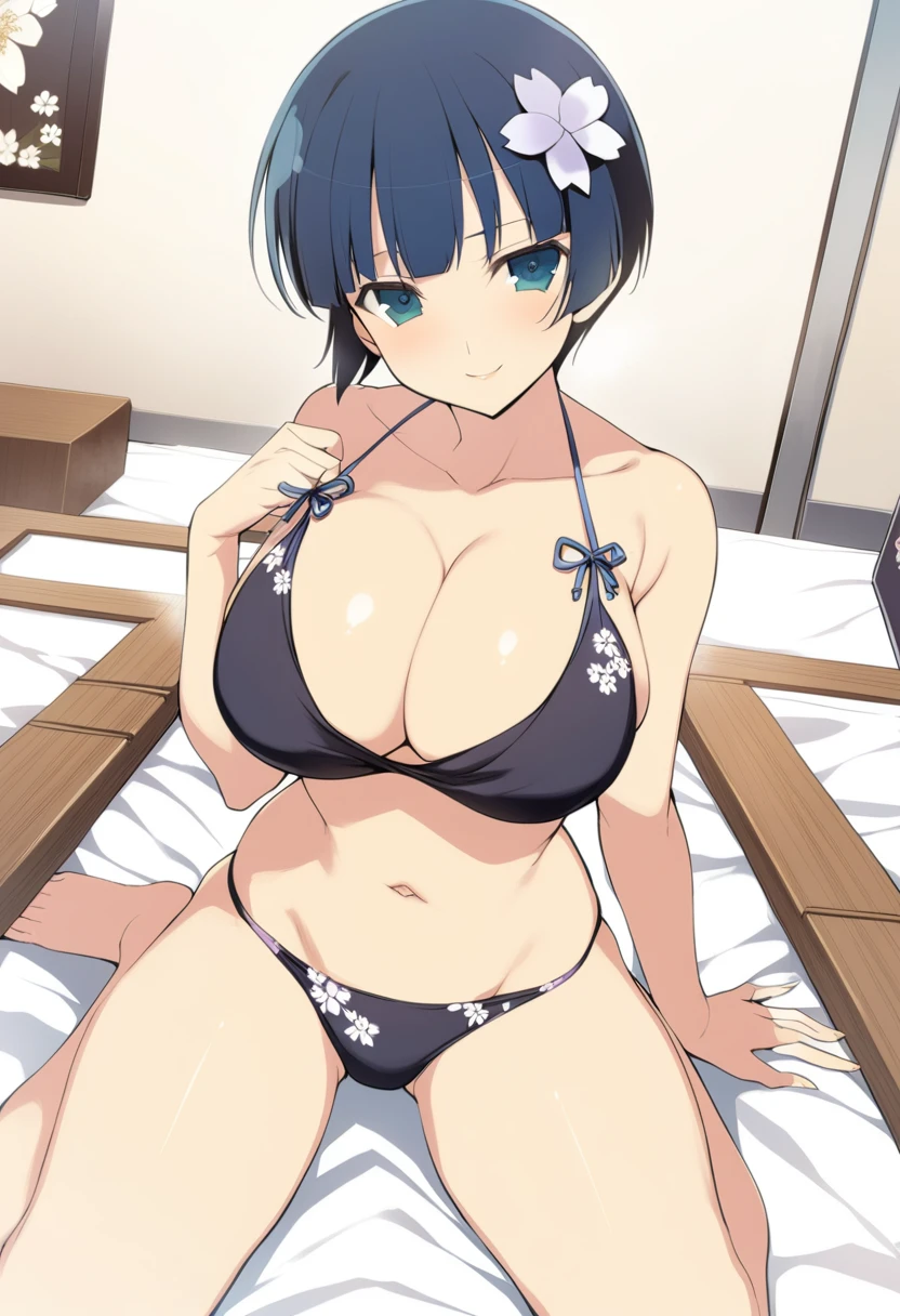 [[anime styled]],[[digitalart]],masterpiece,best quality,high resolution,Tomomi_Xijing,black hair,Short hair,Hair Ribbon,red eyes,midium build,NSFW,1girl in,solo,((sitting on the bed,reclining)),(Portrait),pussy focus,from below,short torso,Perfect Lighting,naked,nude,((topless,nipples)),((black lace panties)),smile, (strong light),((brighten the subject)),blush,spread legs, break background bedroom,