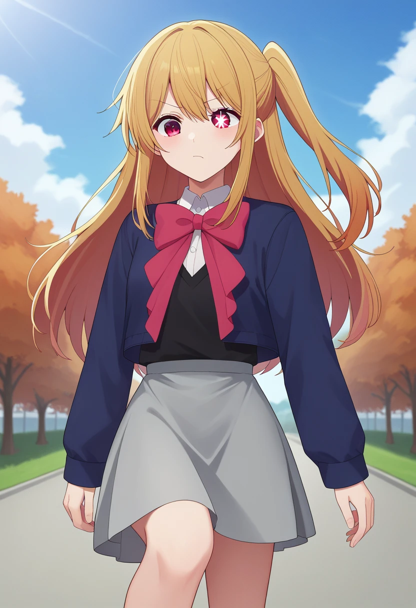 score_9, score_8_up, score_7_up, BREAK source_anime, 1girl, hoshino ruby, blonde hair, long hair, one side up, red eyes, mismatched pupils, star-shaped pupils, , red bow, grey skirt, raised eyebrow, one knee, autumn , standing