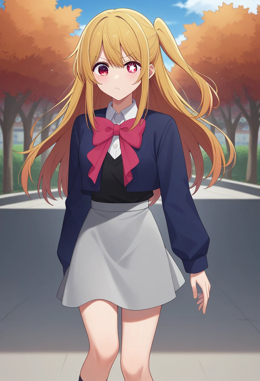 score_9, score_8_up, score_7_up, BREAK source_anime, 1girl, hoshino ruby, blonde hair, long hair, one side up, red eyes, mismatched pupils, star-shaped pupils, , red bow, grey skirt, raised eyebrow, one knee, autumn , standing