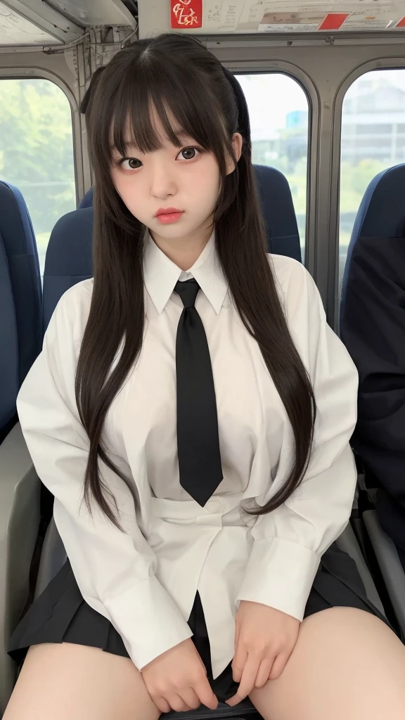 Of Japanese10Teenage Girls。A round face with plump cheeks makes you look young。The eyes are slit and long.、expression is dark。The mouth is large、The lips are thick。Wearing a simple black suit。Not a pantsuit、Black tight skirt。He wears a white curler shirt under his suit。Accentuates natural, large breasts。Shirt buttons3More than one open。No undershirt is worn under the curler shirt。Nipples are visible through the fabric。Her hairstyle is a ponytail with bangs and long sideburns.。Tied with a red ribbon。Wearing a scrunchie on her left wrist。Train seats in the background。Sitting in your seat、Her legs are open so wide you can see her white panties.。