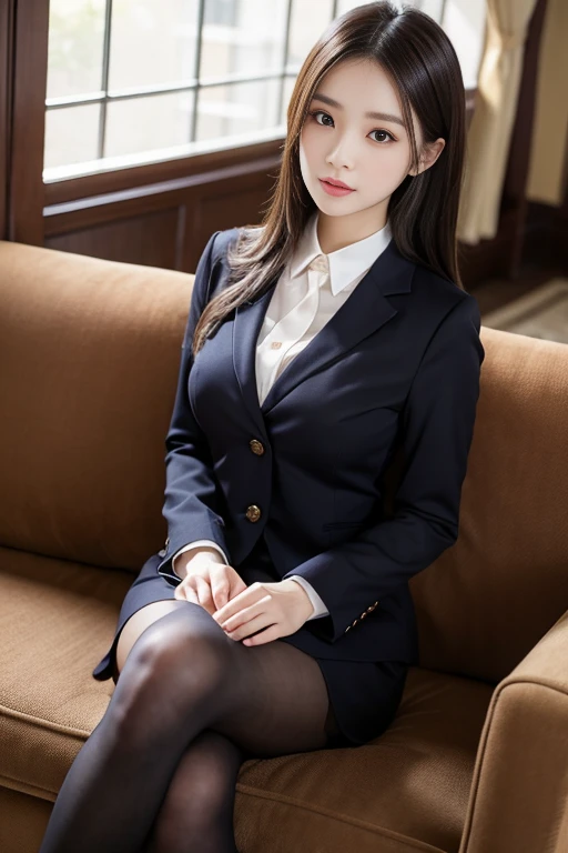 1 Girl,Lobby,sofa,Soft Light,Chinese Beauty,Tight Fit,Uniforms,Dark-haired,long hair,Medium chest