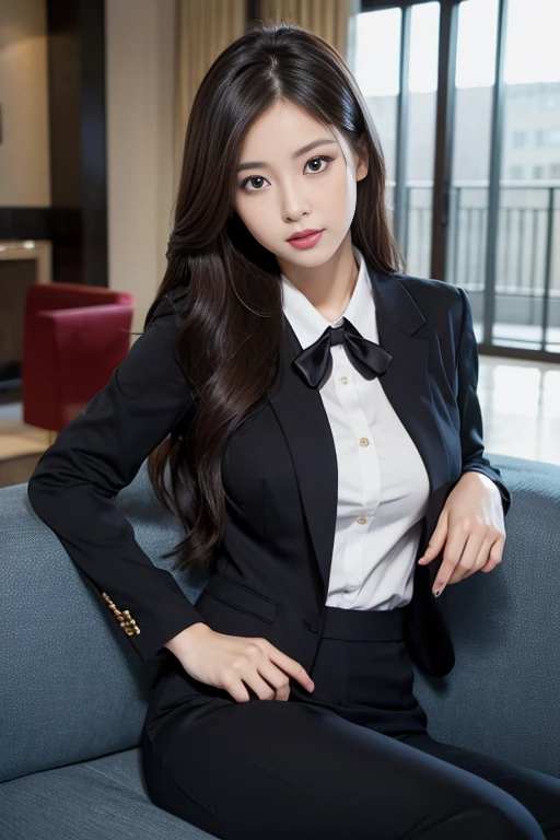 1 Girl,Lobby,sofa,Soft Light,Chinese Beauty,Tight Fit,Uniforms,Dark-haired,long hair,Medium chest