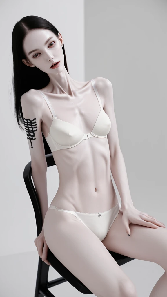 a woman, very thin body, body visible bones, very slender,sweaty weat body, pale white skin, , bra,tatto, full body, has a mental break down , sit a chair