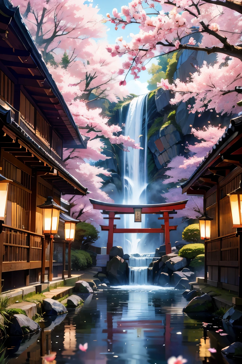 youth,Onmyoji White Hair,
Beautiful back view,waterfall,torii
, Symmetric, (Highest quality, Realistic:1.4, RAW Photos:1.2, Cinematic Light, Highly detailed illustration), ,High resolution, High resolution, 8K, Masterpiece 2:1,( Shrines in Kyoto、cherry blossoms,散らばるcherry blossoms)、