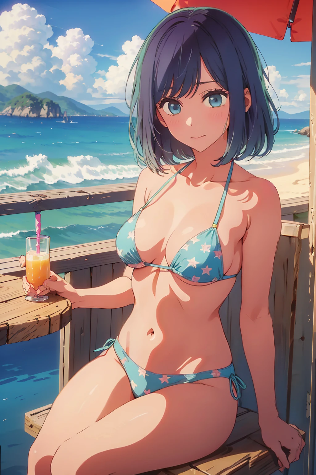 (Highest quality:1.4、masterpiece:1.4、Super detailed:1.4、8K:1.4)、((((1 person、Surprised expression、sit、Outdoor café terrace、coastal、juice、table、Sandy Beach、juiceのグラスを持つ、Plain Bikini、Very soft boobs、Big eyes、Very cute face))))、(at night:1.4)、F cup bust、Medium breast