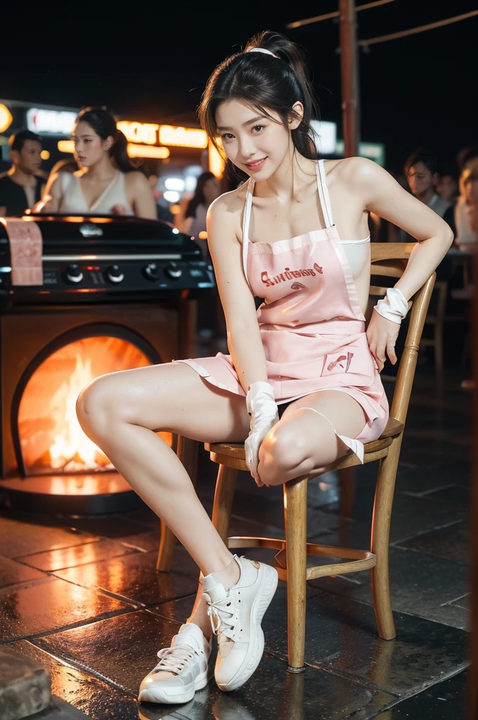 (((best quality))),(((ultra detailed))),(((masterpiece))),illustration,((1 beautiful girl,solo)),((slim,thin)),((small breasts,flat chest)),summer night,metropolis,((barbecue joint)),humble,vibrant energy,city that never sleeps,(short ponytail:1.2),(((female orgasmic,blush))),(sweat:1.3),(shiny skin:1.5),(sheer apron:1.3),((bare shoulders,bare arms)),(gloves:1.3),((slender legs,sneakers)),(sitting on the chair:1.3),((arms behind back,spread legs apart)),lightweight,practicality,((sizzling hot grill)),smooth,tanned skin,soft glow,skillfully,((skewers,meat)),intense concentration,bright eyes,alert,passion for work,atmosphere,vibrant,dynamic,laughter,conversation,sizzle,crackle,aromatic scent,tinged,radiant smile,genuine enjoyment,easy manner,warm presence,community,dedication,beauty in simplicity,midst of bustling city streets,outdoor,midnight,((from front,full body)),(surrounded by crowded crowds:1.3)