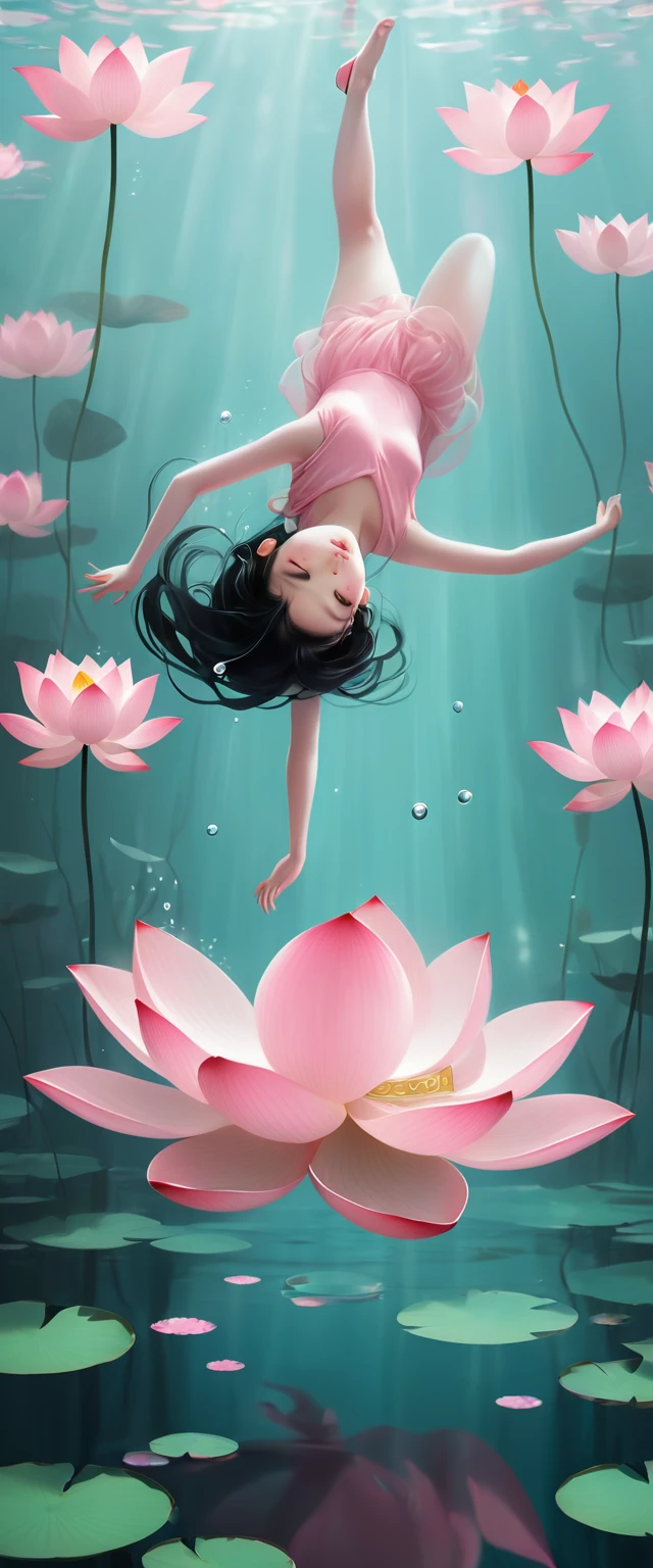 vector,Flat form,illustration,The Minimalists,数字艺术illustration,Pink hue,Abstract,artistic conception,Blooming,Underwater,A little girl,dancer;Pink clothing;Pretty Face,Black Hair,Hairpin;Lotus pond,Diving sensation,Lots of white space above。