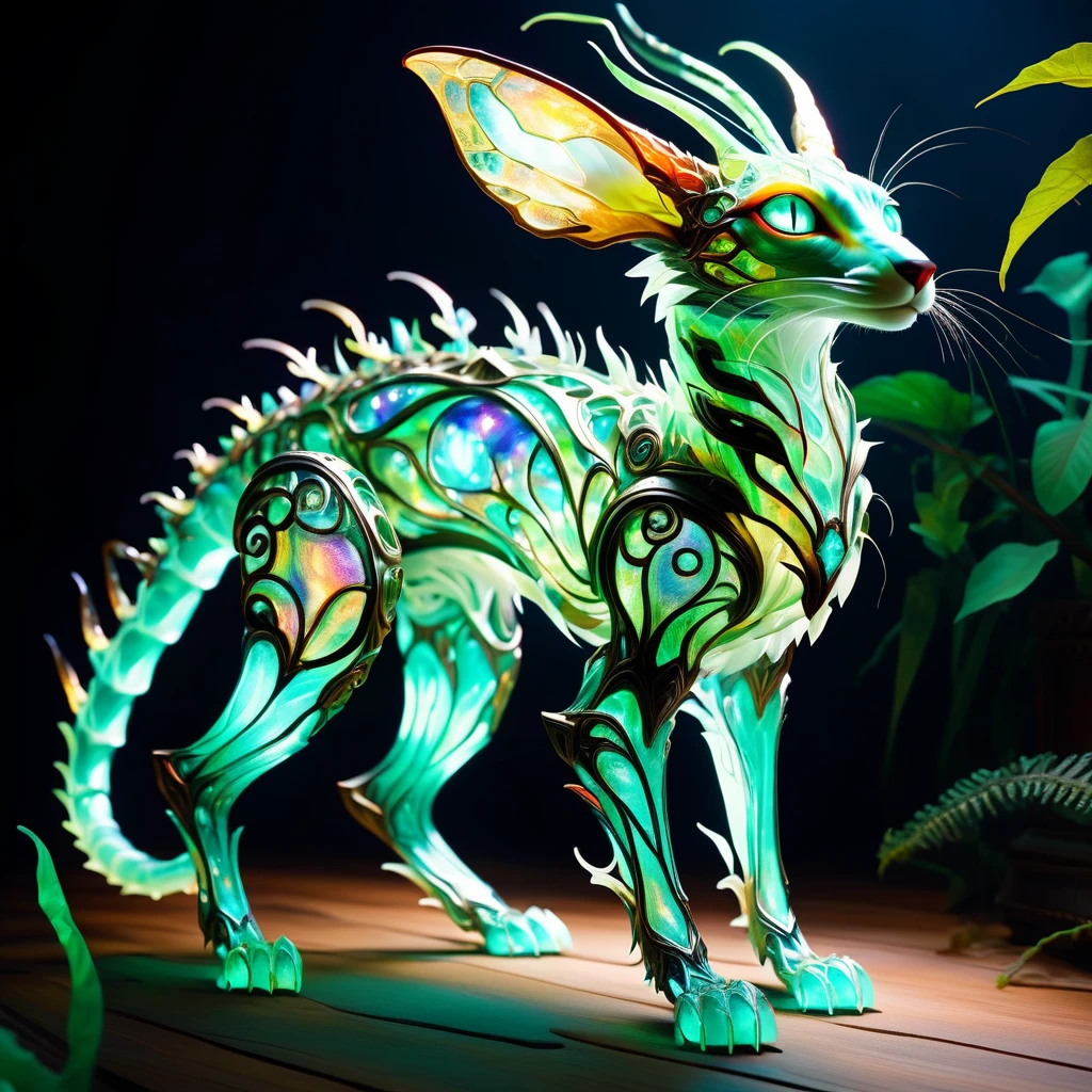 hyper detailed masterpiece, dynamic, awesome quality,DonM3lv3sXL huge prowling otherworldly classic angular life form, quadrupedal bimanual, padded appendages, short-tailed, iridescent skin, rounded ears,