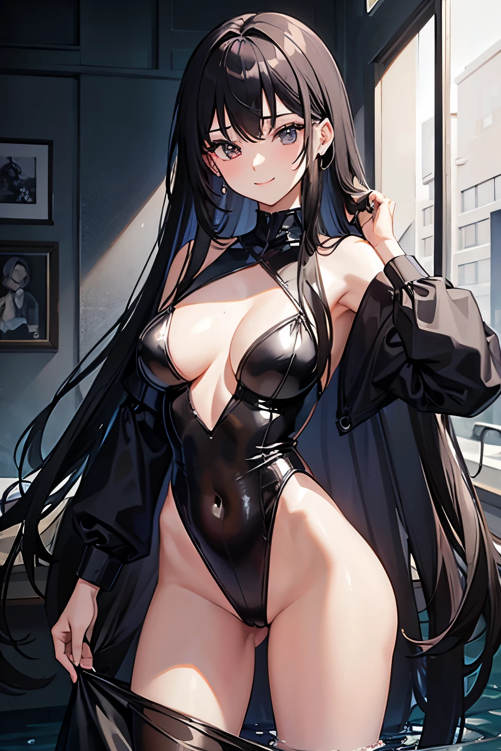 masterpiece, best quality, Extremely detailed,Black long straight hair,Cute face,Smile,Intimate clothing,shorts,Wet clothes,Transparent clothing,Perfect body proportions,Sexy pose,charm,Attraction,A lot of people,Highlight the buttocks,Highlight the butt,Emphasis on secondary sexual characteristics,Hips,Beautiful buttocks