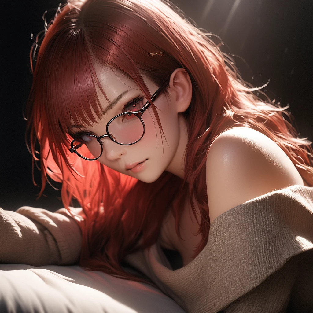 Best quality, masterpiece, ultra high res, (photorealistic:1.4), raw photo, 1girl, offshoulder, in the dark, deep shadow, low key, cold light, glasses, detailed skin, red eyes, red hair