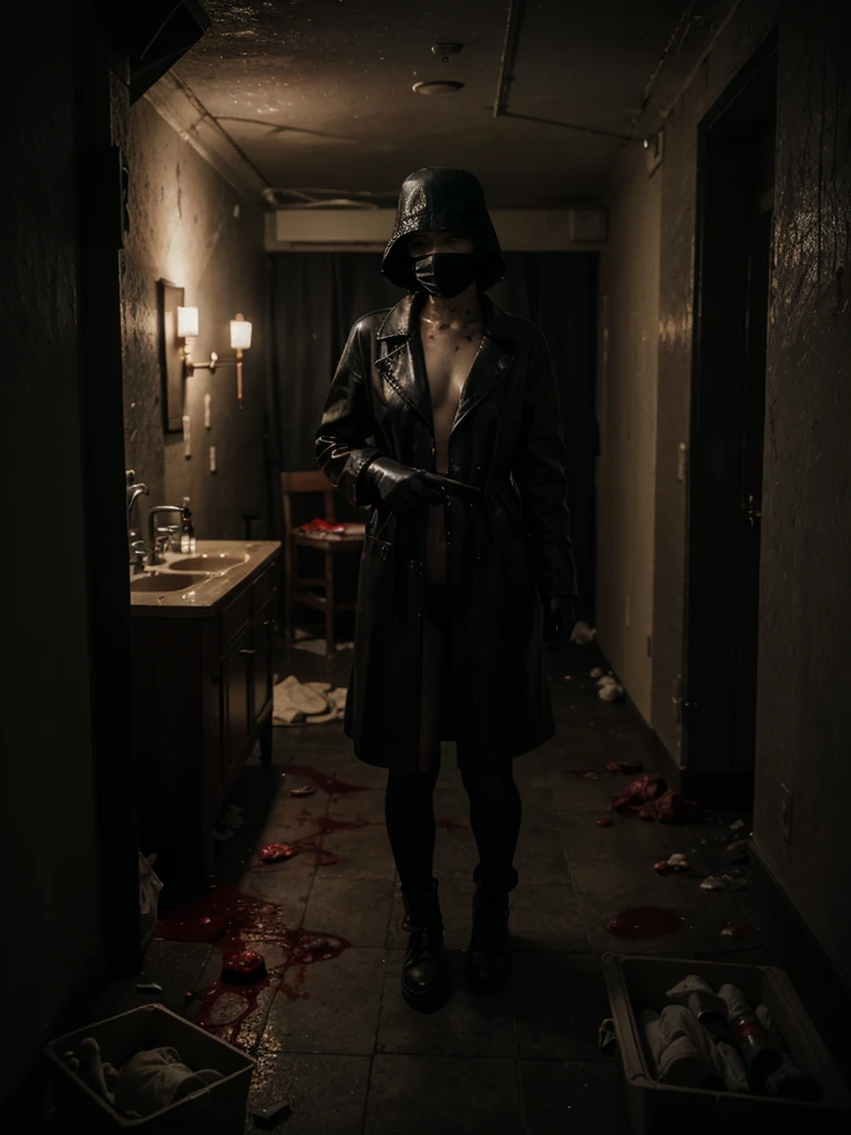 korean naked girl, (behind corpse, surgical mask), holding knife, stabbing, black leather gloves, room full of blood, black trench coat, bucket hat, underground, holding knife, black gloves, behind corpse, blood splatter, short hair, night, mass murderer, robbery, in the hotel, dark atmosphere, cinematic lighting, atmospheric realistic,