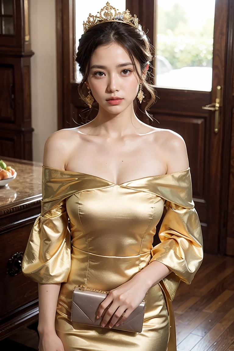 Beautiful woman in a gold off-the-shoulder dress, A queen's headdress decorated with crystals and jewels, High heels, Hourglass-shaped body shape, Black Pantyhose, (Highest quality,4K,8K,High resolution,masterpiece:1.2),Super detailed,(Realistic,photoRealistic,photo-Realistic:1.37),Intricate details,Brilliant,Highly detailed face,Fine eyes and lips,Dramatic lighting,Structure of the film,Rich colors,Warm color palette
