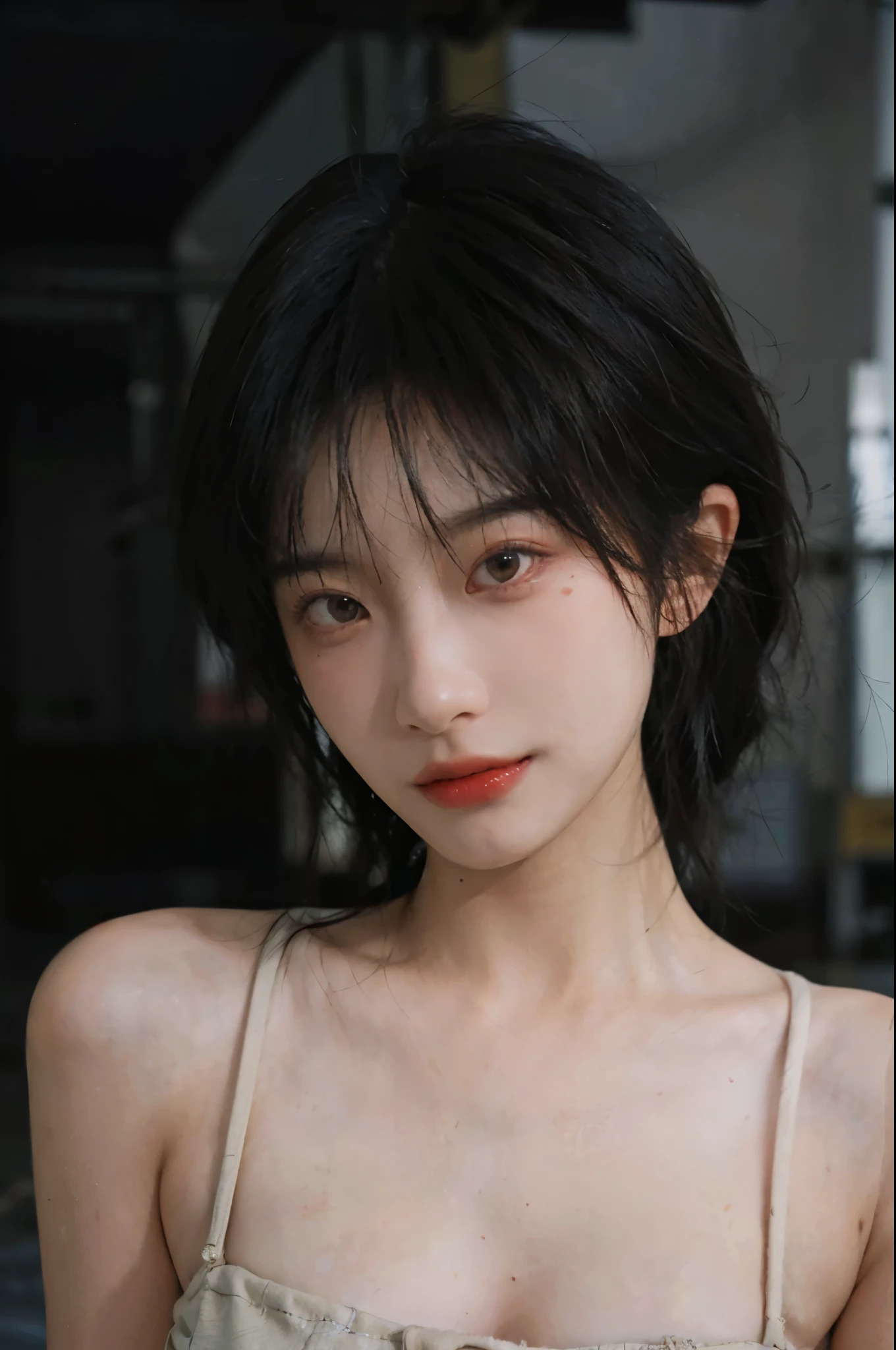 1 girl,Model,Upper Body,short hair,A faint smile,serene, calm,Moles under the eyes,Exquisite eyes, Delicate face,Lipstick,earrings,Hair details, skirt,(Dress conservatively:1.3)(Large Breasts:1.2),outdoor,background,城市background,(Skin details:1.4),(Realistic and detailed eyes:1.2), Natural skin texture, Realistic facial details,Close-up of face,Portrait Photography,(Portrait Photography:1.1), (smooth skin textures:1.3), (Highest quality real skin textures:1.4), Direct vision,Soft dramatic lighting, Vivid details, 35 mm film, (Photo Practical:1.4), (hyper Practical:1.4), (Practical:1.3), (Smoother lighting:1.05), (Improve lighting quality:0.9), (Enhance the beauty of skin texture:1.1), Depth of Field, Bokeh, Surrealism, Ray Tracing, ( Surrealism, High Detail, Chiaroscuro, Ray Tracing, reflected light, Ultra HD, Ultra HD, masterpiece, Textured Skin, Super Detail, High Detail, high quality, best quality