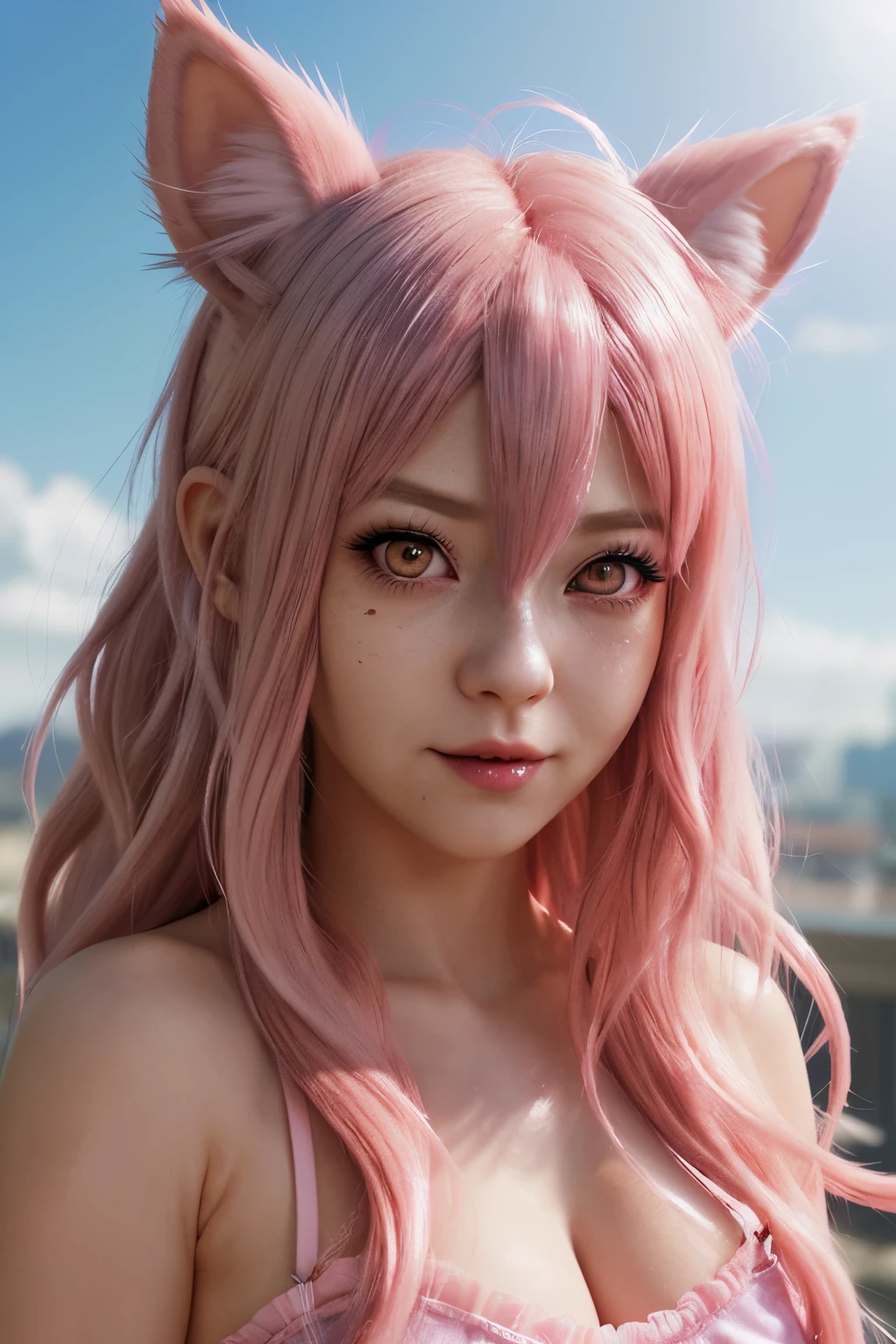 1girl, hair bobbles, long eyelashes, solid circle eyes, fake animal ears, ear blush, fang, accurate, drunk, pink hair, wavy streaked hair, pink eyes, drop shadow, anaglyph, tachi-e, Pov, atmospheric perspective, anime style, 8k, super detail, best quality