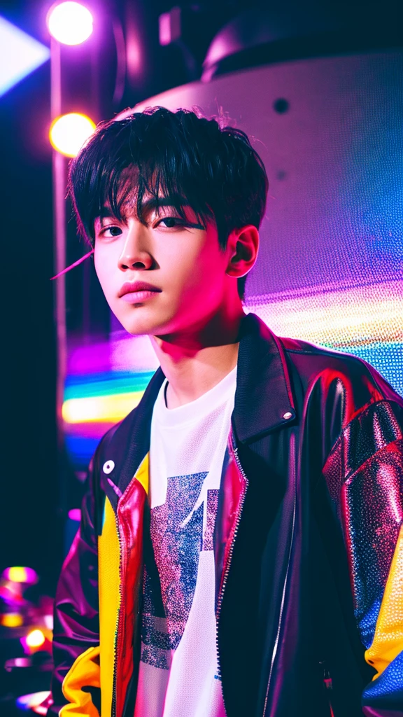 abstract pain said'ENALL' background, 1boy, pose,dynamite, handsome , kpop idol , 16k resolution , ultra-high clarity , hyperrealism, uhd , live stream
