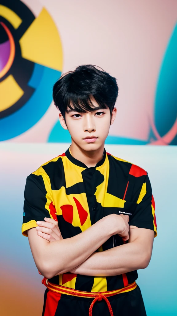 abstract pain said'ENALL' background, 1boy, pose,dynamite, handsome , kpop idol , 16k resolution , ultra-high clarity , hyperrealism, uhd , live stream
