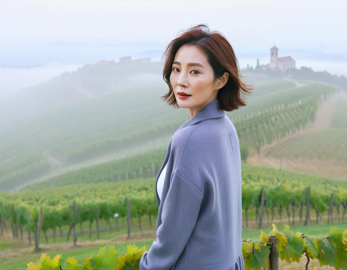 8k best picture quality, Beautiful 36-year-old Korean woman, short and nice weather. Chest size 34 inches, Dense fog at dawn in the Italian countryside, past the vineyard, The cathedral is visible in the fog in the distance., The back background is realistic and vivid quality., Short and medium hair blowing in the wind,Wear comfortable clothes for traveling, a faint smile. the background is clear, Short and slim Korean woman, stand far away, Photo taken with a wide-angle lens, Taken from a hill overlooking a misty vineyard