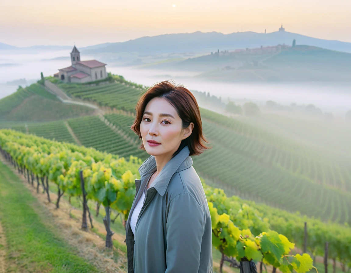 8k best picture quality, Beautiful 36-year-old Korean woman, short and nice weather. Chest size 34 inches, Dense fog at dawn in the Italian countryside, past the vineyard, The cathedral is visible in the fog in the distance., The back background is realistic and vivid quality., Short and medium hair blowing in the wind,Wear comfortable clothes for traveling, a faint smile. the background is clear, Short and slim Korean woman, stand far away, Photo taken with a wide-angle lens, Taken from a hill overlooking a misty vineyard