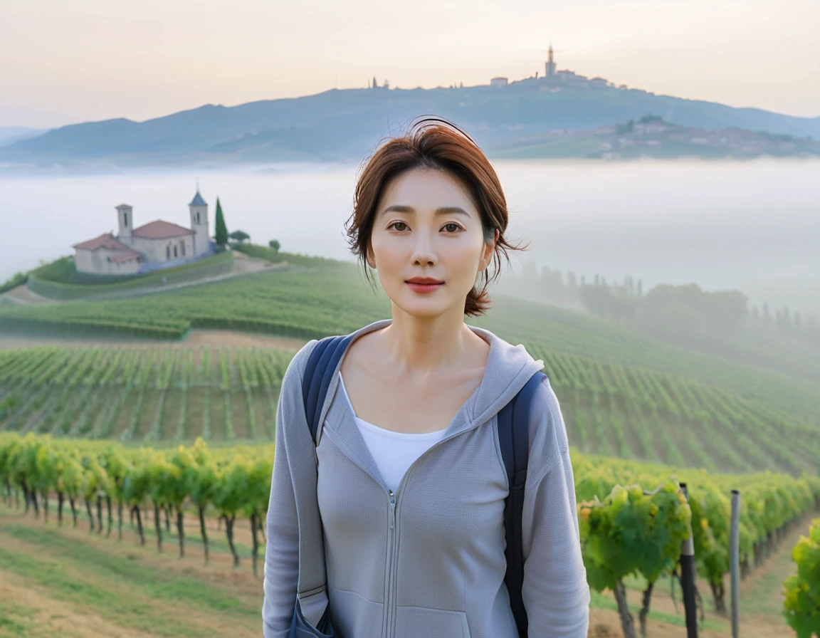8k best picture quality, Beautiful 36-year-old Korean woman, short and nice weather. Chest size 34 inches, Dense fog at dawn in the Italian countryside, past the vineyard, The cathedral is visible in the fog in the distance., The back background is realistic and vivid quality., Short and medium hair blowing in the wind,Wear comfortable clothes for traveling, a faint smile. the background is clear, Short and slim Korean woman, stand far away, Photo taken with a wide-angle lens, Taken from a hill overlooking a misty vineyard